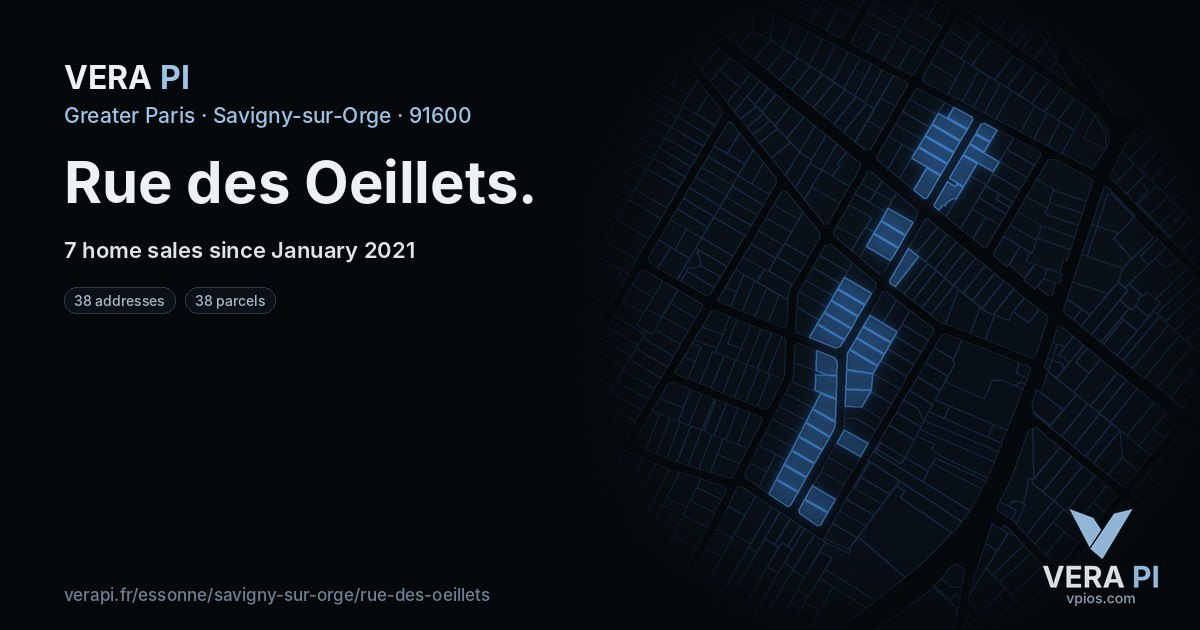 Rue des Oeillets, Savigny-sur-Orge at night – every parcel coloured by the prices around it, the street's own parcels lit
