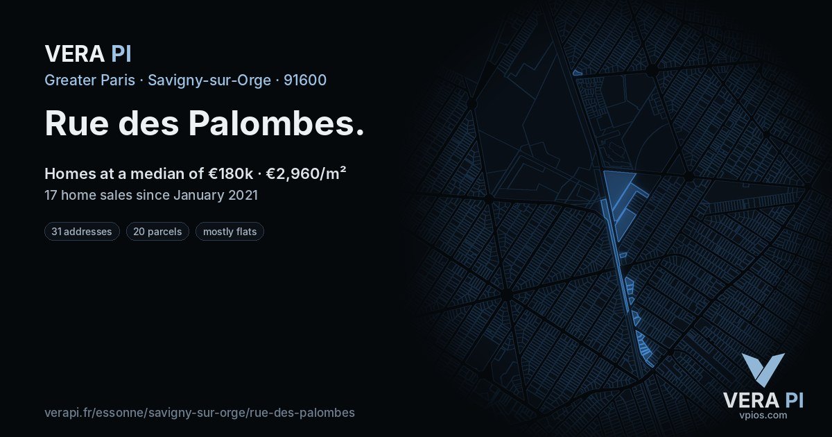 Rue des Palombes, Savigny-sur-Orge at night – every parcel coloured by the prices around it, the street's own parcels lit