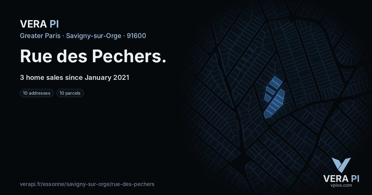Rue des Pechers, Savigny-sur-Orge at night – every parcel coloured by the prices around it, the street's own parcels lit