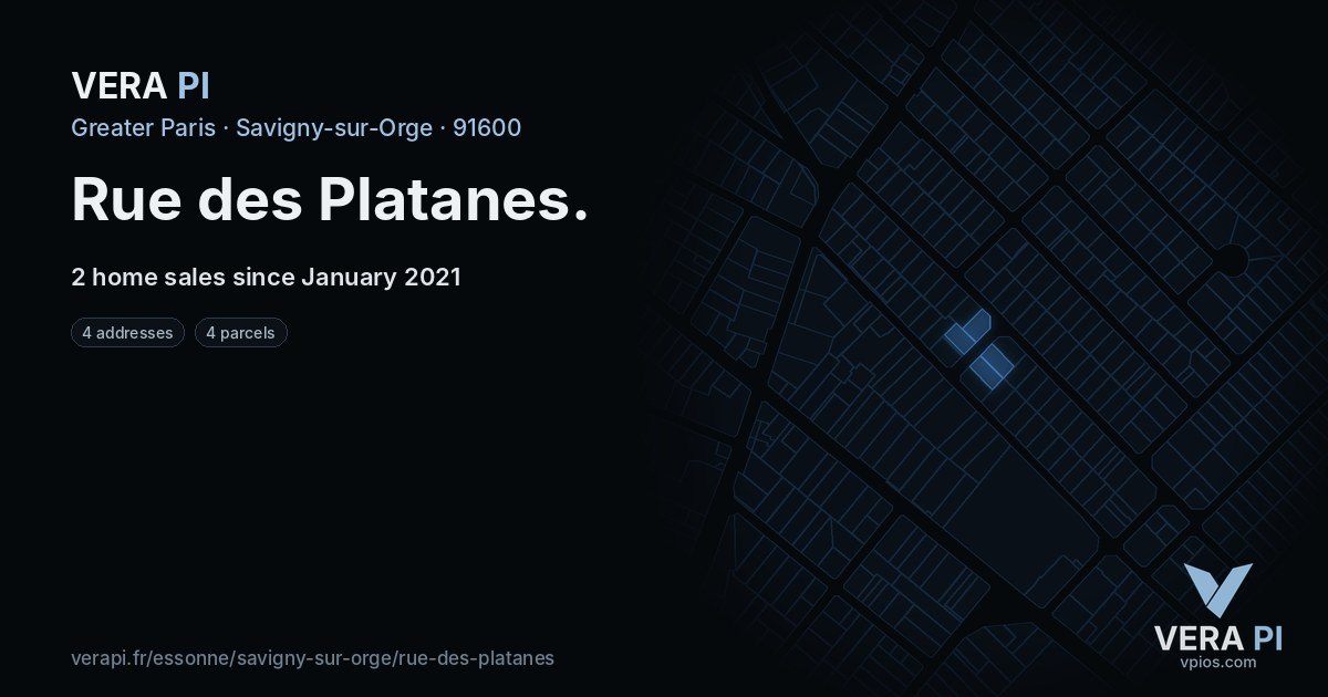 Rue des Platanes, Savigny-sur-Orge at night – every parcel coloured by the prices around it, the street's own parcels lit