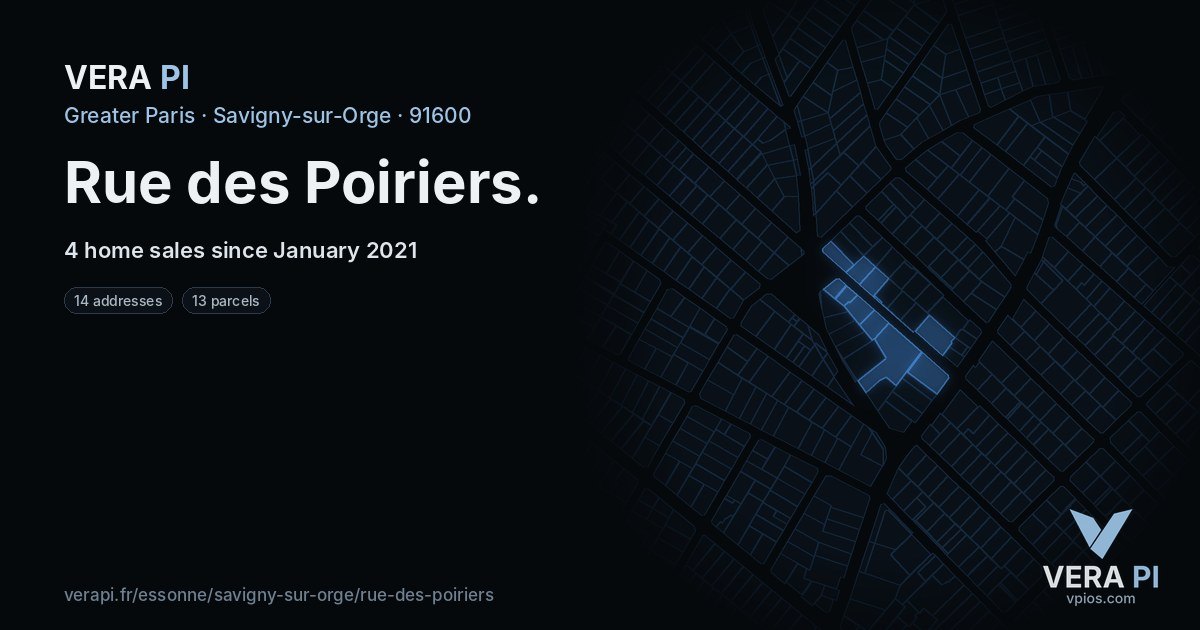 Rue des Poiriers, Savigny-sur-Orge at night – every parcel coloured by the prices around it, the street's own parcels lit