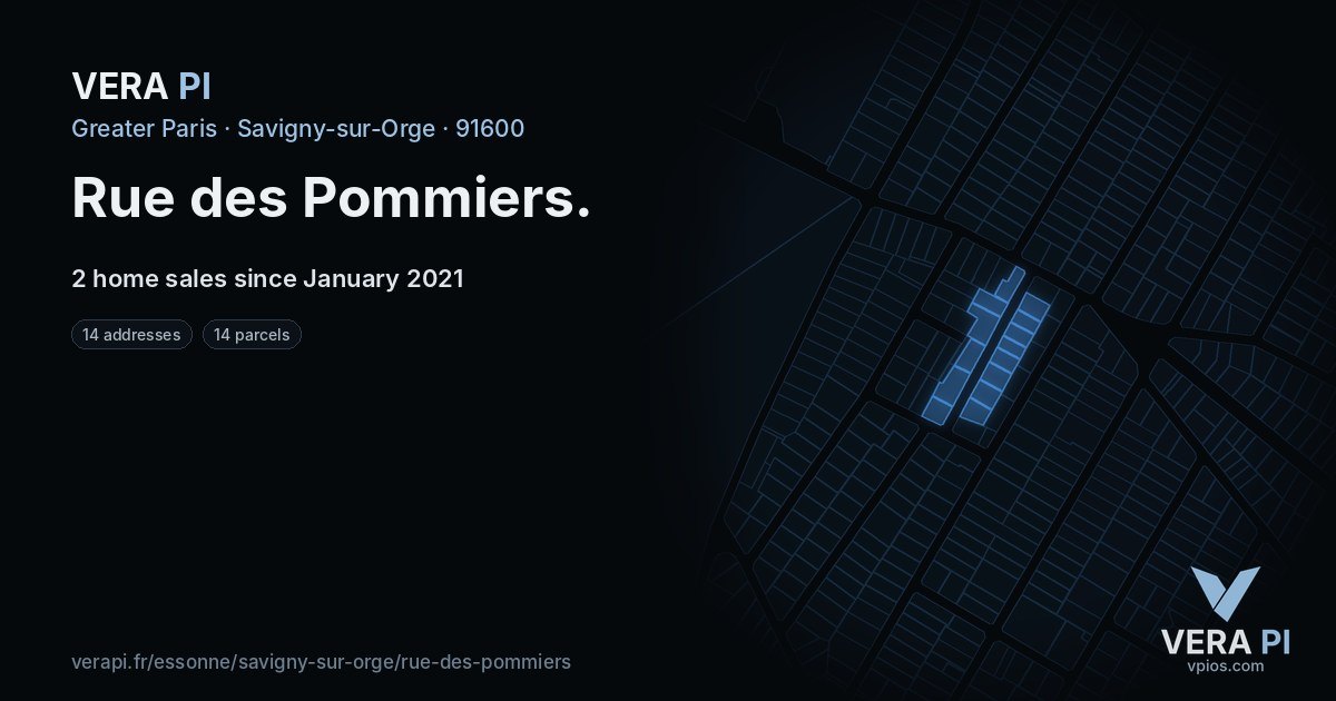 Rue des Pommiers, Savigny-sur-Orge at night – every parcel coloured by the prices around it, the street's own parcels lit