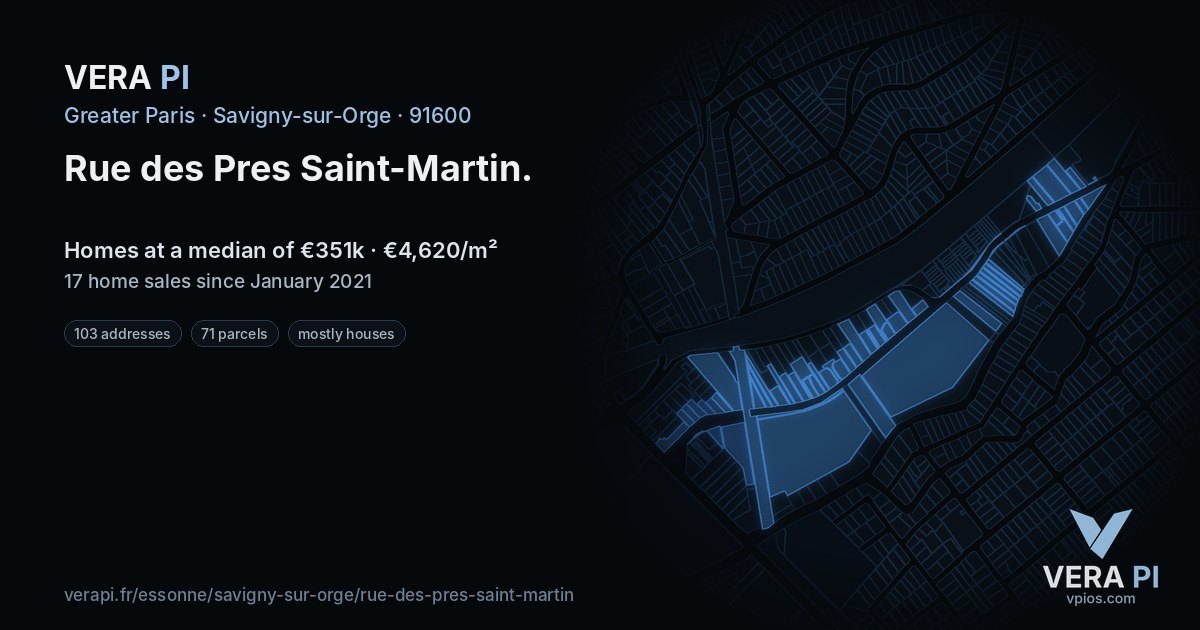 Rue des Pres Saint-Martin, Savigny-sur-Orge at night – every parcel coloured by the prices around it, the street's own parcels lit