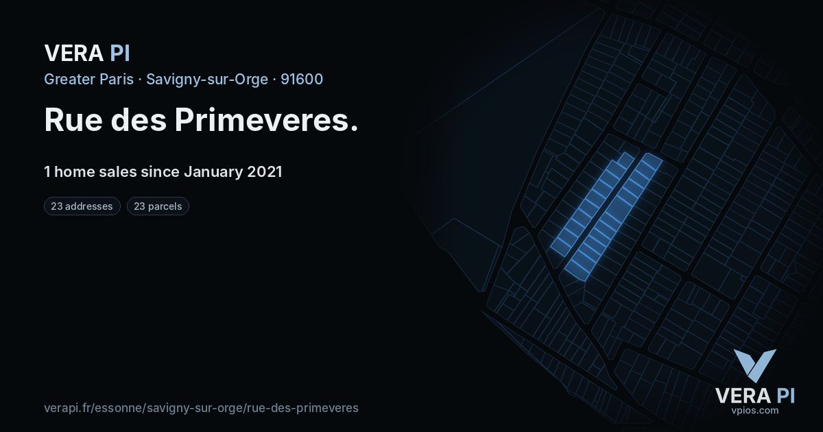 Rue des Primeveres, Savigny-sur-Orge at night – every parcel coloured by the prices around it, the street's own parcels lit