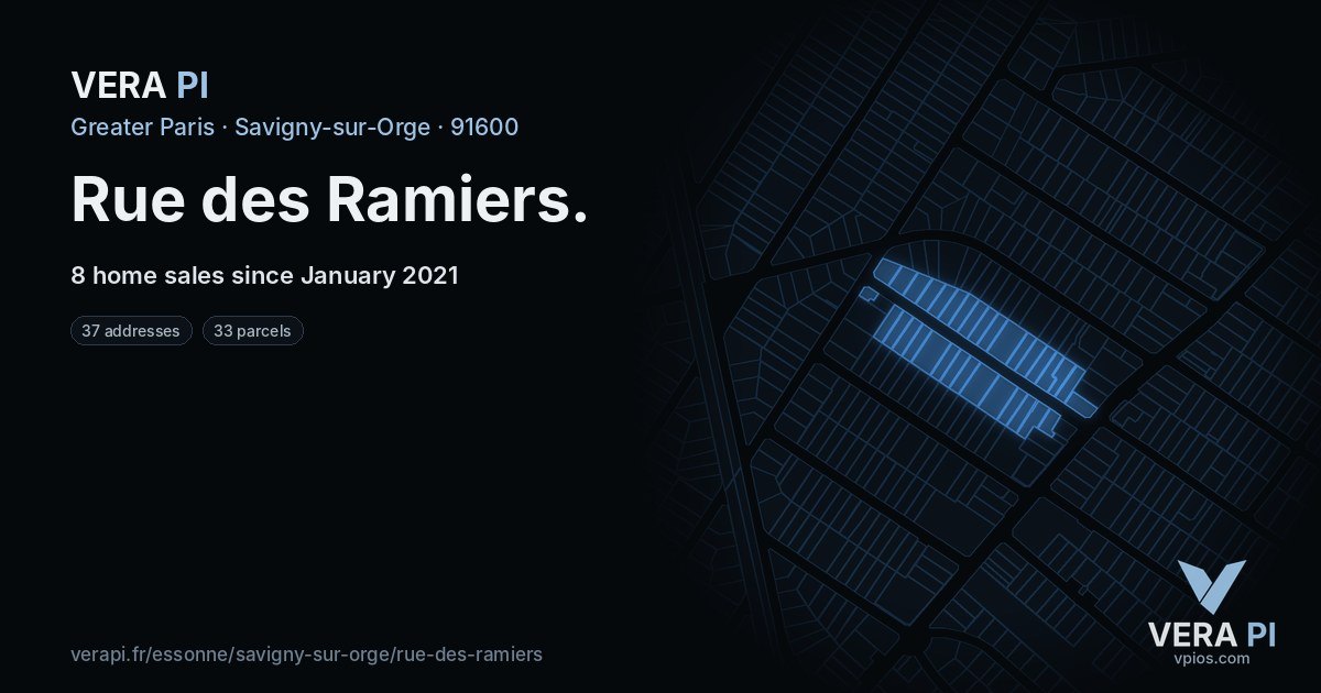Rue des Ramiers, Savigny-sur-Orge at night – every parcel coloured by the prices around it, the street's own parcels lit