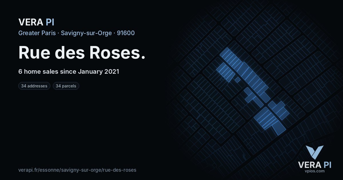 Rue des Roses, Savigny-sur-Orge at night – every parcel coloured by the prices around it, the street's own parcels lit