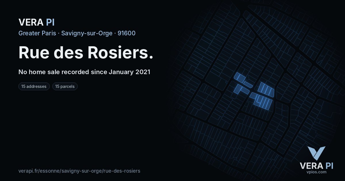 Rue des Rosiers, Savigny-sur-Orge at night – every parcel coloured by the prices around it, the street's own parcels lit