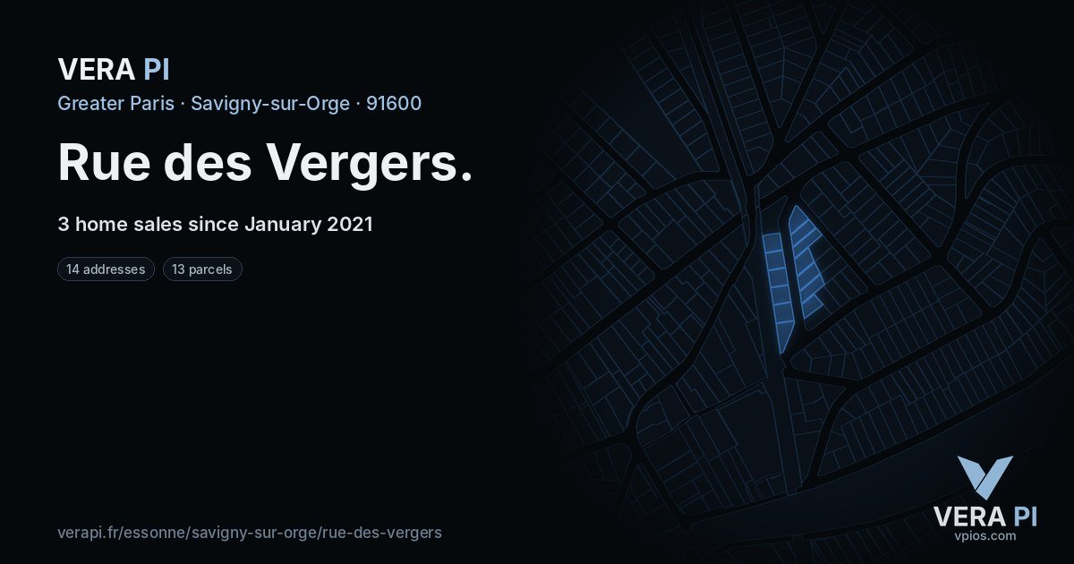 Rue des Vergers, Savigny-sur-Orge at night – every parcel coloured by the prices around it, the street's own parcels lit