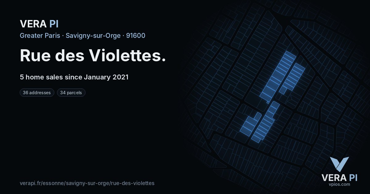 Rue des Violettes, Savigny-sur-Orge at night – every parcel coloured by the prices around it, the street's own parcels lit