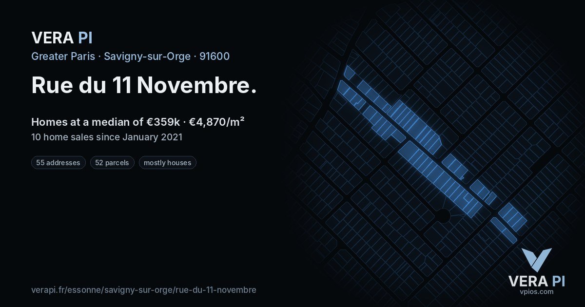 Rue du 11 Novembre, Savigny-sur-Orge at night – every parcel coloured by the prices around it, the street's own parcels lit