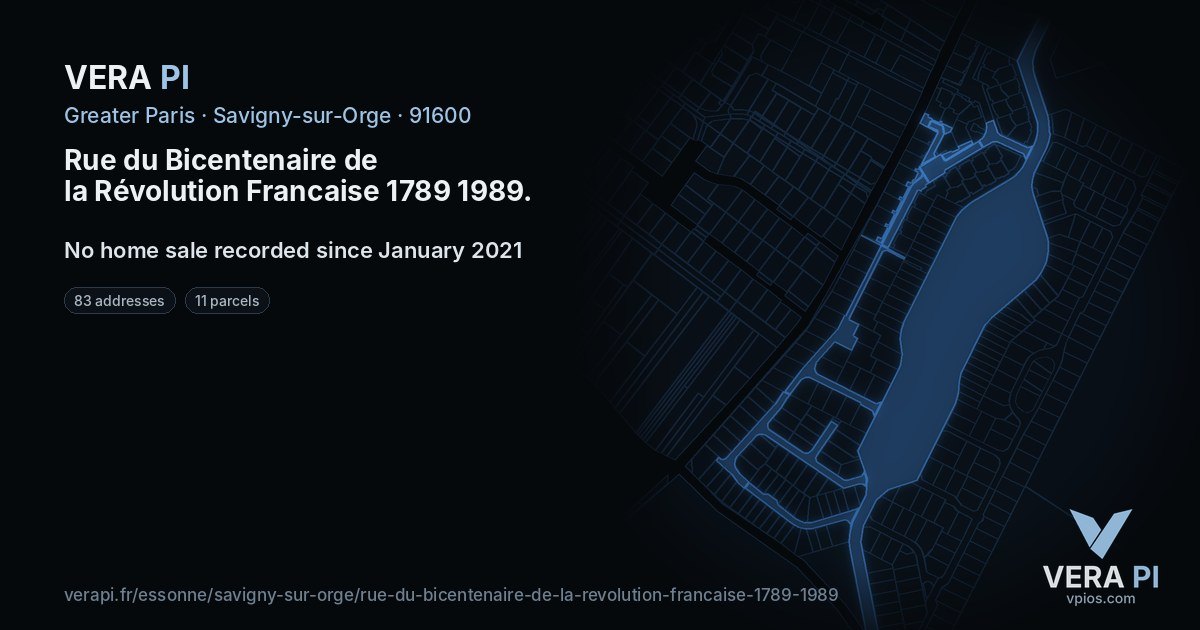 Rue du Bicentenaire de la Révolution Francaise 1789 1989, Savigny-sur-Orge at night – every parcel coloured by the prices around it, the street's own parcels lit