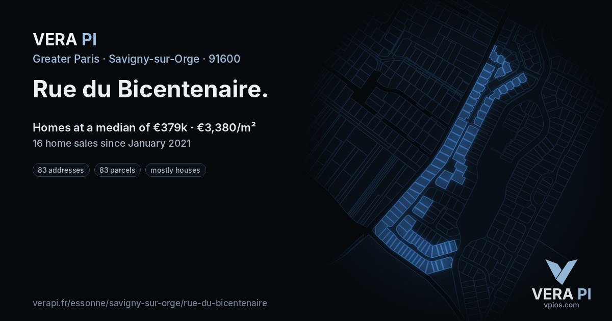 Rue du Bicentenaire, Savigny-sur-Orge at night – every parcel coloured by the prices around it, the street's own parcels lit