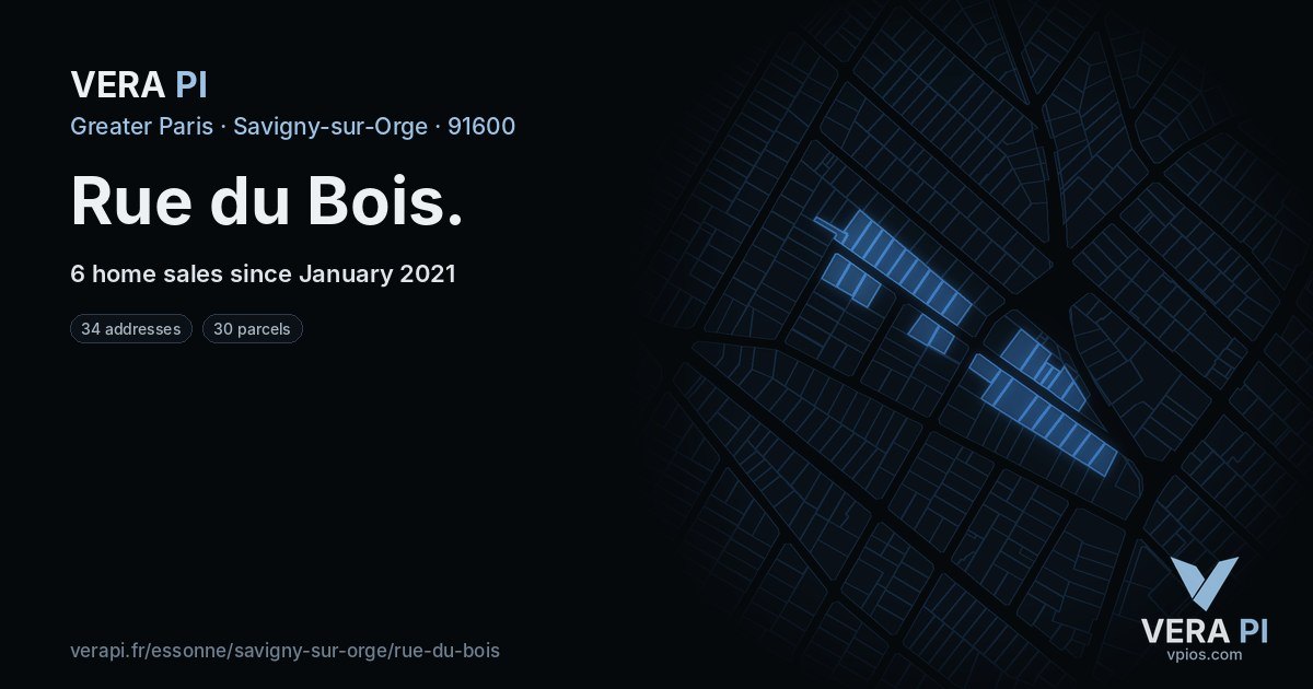 Rue du Bois, Savigny-sur-Orge at night – every parcel coloured by the prices around it, the street's own parcels lit
