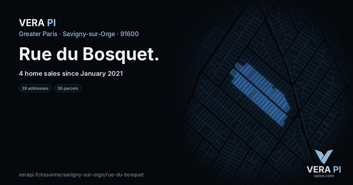 Rue du Bosquet, Savigny-sur-Orge at night – every parcel coloured by the prices around it, the street's own parcels lit