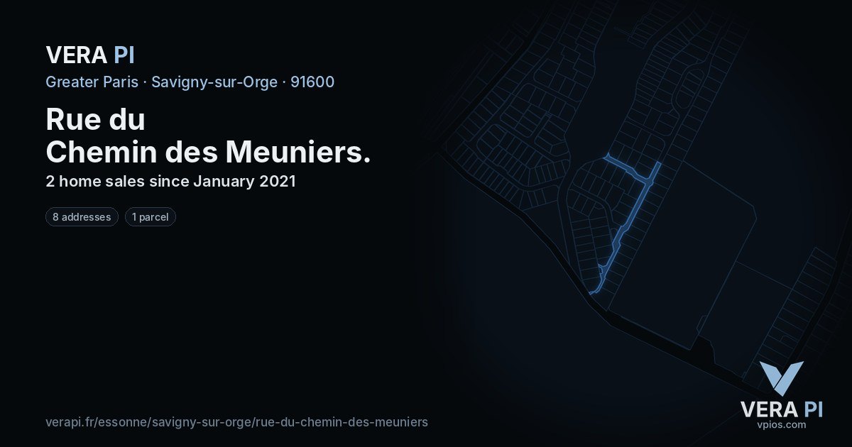 Rue du Chemin des Meuniers, Savigny-sur-Orge at night – every parcel coloured by the prices around it, the street's own parcels lit