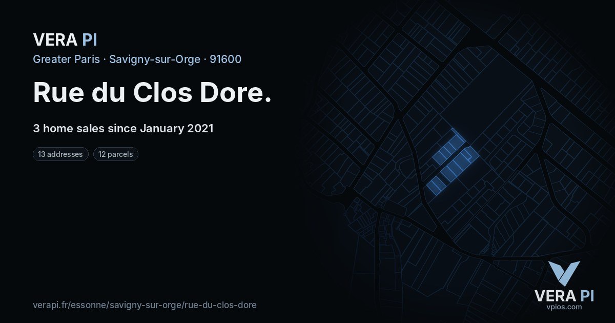 Rue du Clos Dore, Savigny-sur-Orge at night – every parcel coloured by the prices around it, the street's own parcels lit