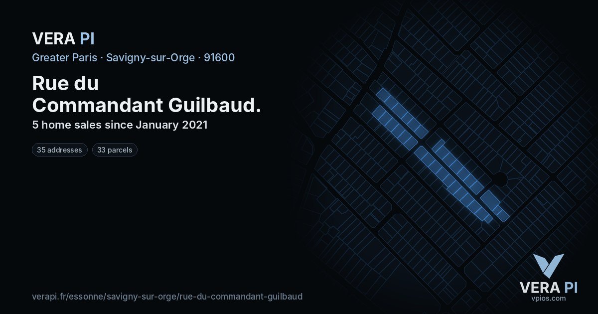 Rue du Commandant Guilbaud, Savigny-sur-Orge at night – every parcel coloured by the prices around it, the street's own parcels lit
