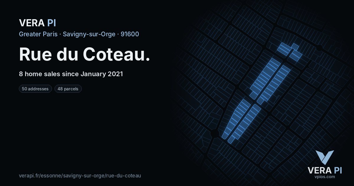 Rue du Coteau, Savigny-sur-Orge at night – every parcel coloured by the prices around it, the street's own parcels lit