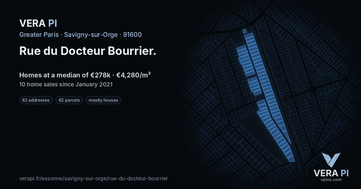 Rue du Docteur Bourrier, Savigny-sur-Orge at night – every parcel coloured by the prices around it, the street's own parcels lit