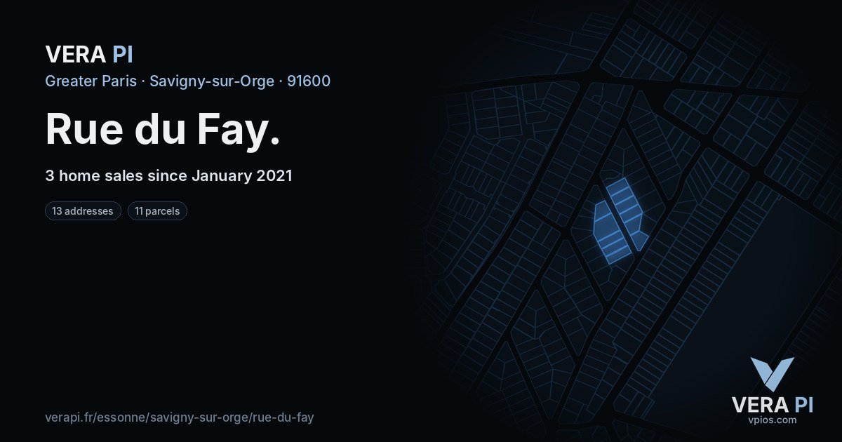Rue du Fay, Savigny-sur-Orge at night – every parcel coloured by the prices around it, the street's own parcels lit