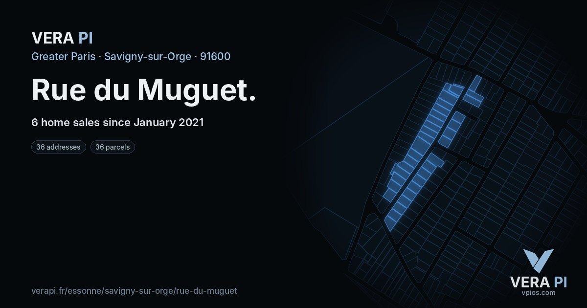 Rue du Muguet, Savigny-sur-Orge at night – every parcel coloured by the prices around it, the street's own parcels lit