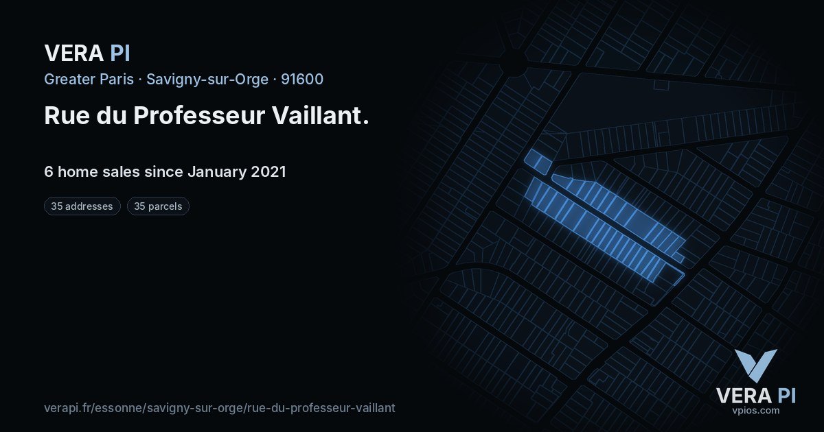 Rue du Professeur Vaillant, Savigny-sur-Orge at night – every parcel coloured by the prices around it, the street's own parcels lit