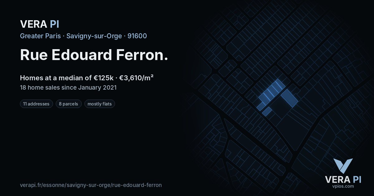 Rue Edouard Ferron, Savigny-sur-Orge at night – every parcel coloured by the prices around it, the street's own parcels lit