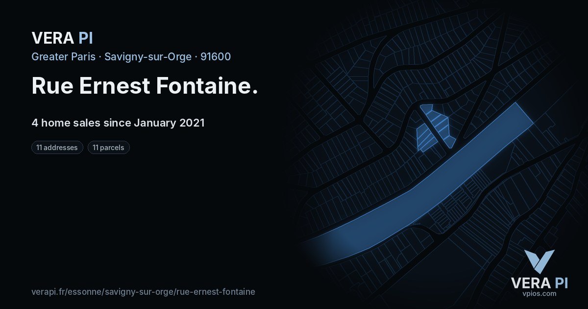 Rue Ernest Fontaine, Savigny-sur-Orge at night – every parcel coloured by the prices around it, the street's own parcels lit