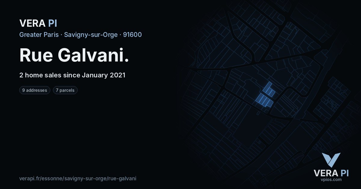 Rue Galvani, Savigny-sur-Orge at night – every parcel coloured by the prices around it, the street's own parcels lit