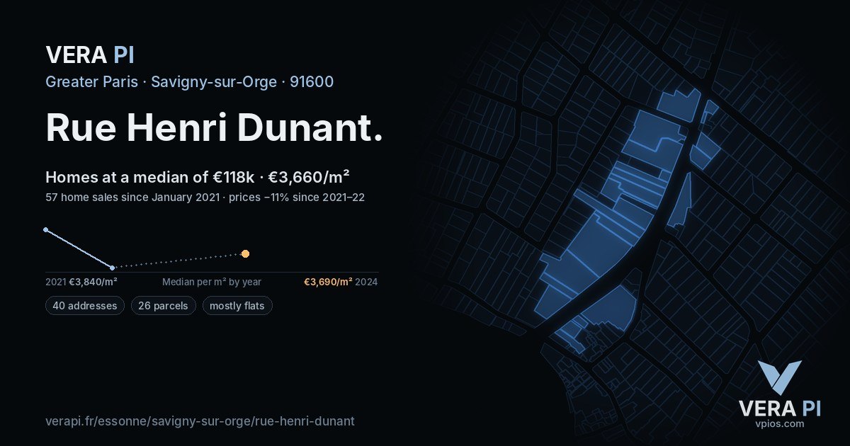 Rue Henri Dunant, Savigny-sur-Orge at night – every parcel coloured by the prices around it, the street's own parcels lit