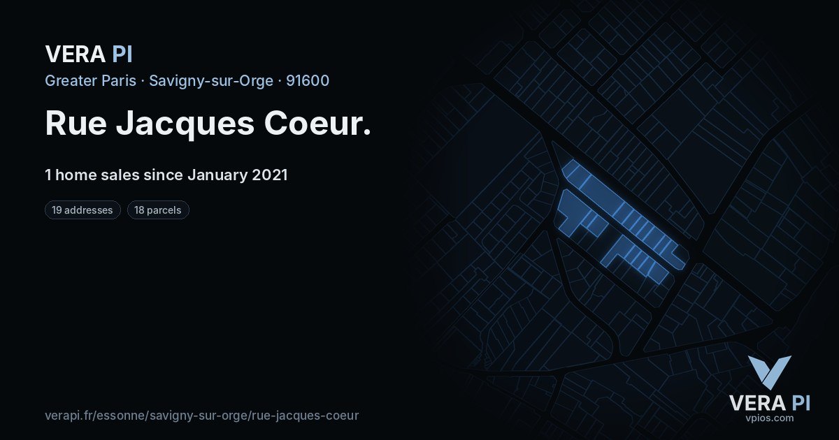 Rue Jacques Coeur, Savigny-sur-Orge at night – every parcel coloured by the prices around it, the street's own parcels lit