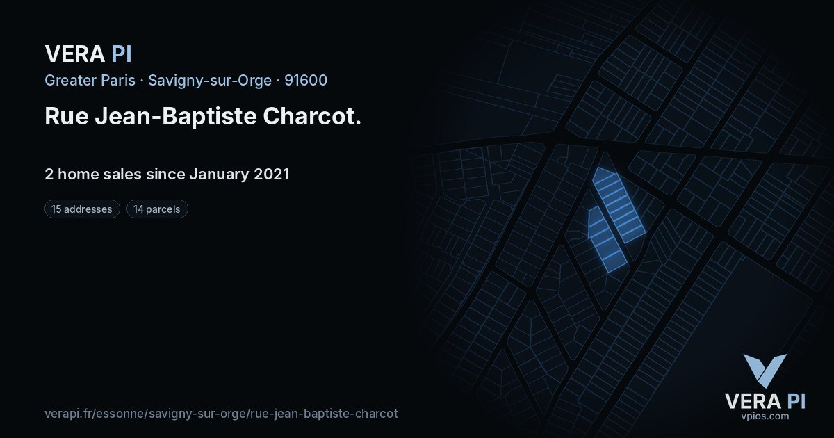 Rue Jean-Baptiste Charcot, Savigny-sur-Orge at night – every parcel coloured by the prices around it, the street's own parcels lit