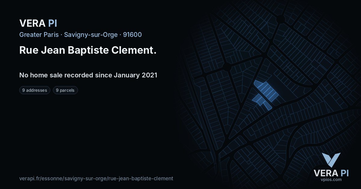 Rue Jean Baptiste Clement, Savigny-sur-Orge at night – every parcel coloured by the prices around it, the street's own parcels lit