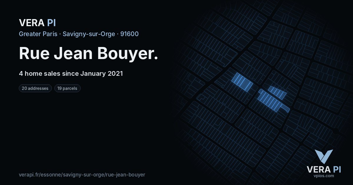 Rue Jean Bouyer, Savigny-sur-Orge at night – every parcel coloured by the prices around it, the street's own parcels lit