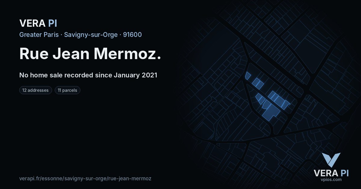 Rue Jean Mermoz, Savigny-sur-Orge at night – every parcel coloured by the prices around it, the street's own parcels lit