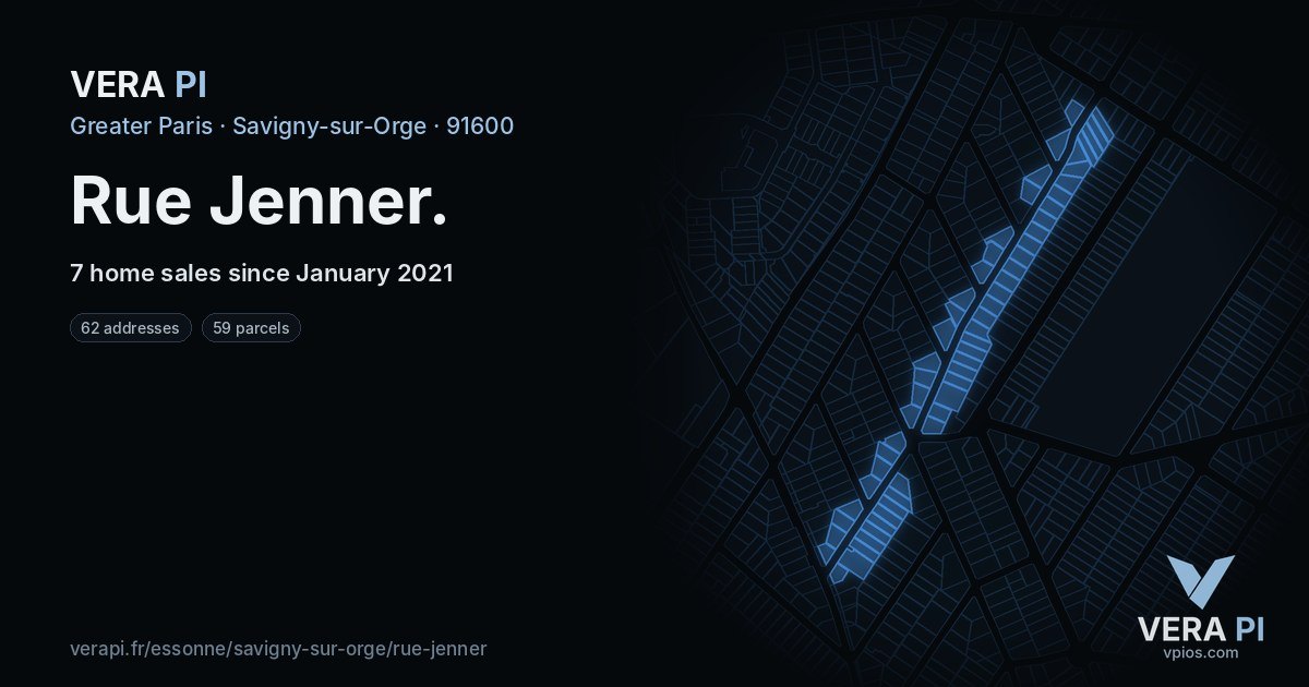 Rue Jenner, Savigny-sur-Orge at night – every parcel coloured by the prices around it, the street's own parcels lit