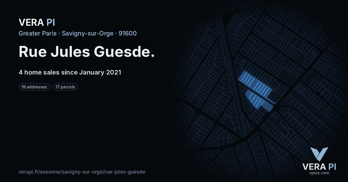 Rue Jules Guesde, Savigny-sur-Orge at night – every parcel coloured by the prices around it, the street's own parcels lit