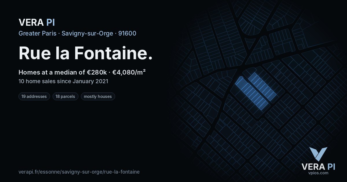 Rue la Fontaine, Savigny-sur-Orge at night – every parcel coloured by the prices around it, the street's own parcels lit