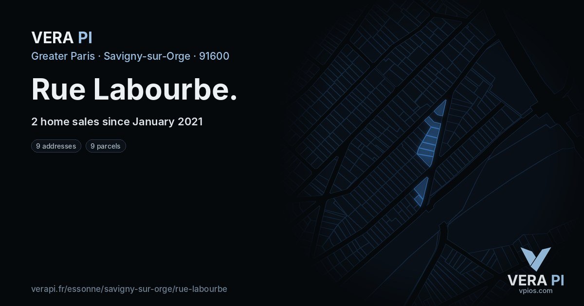 Rue Labourbe, Savigny-sur-Orge at night – every parcel coloured by the prices around it, the street's own parcels lit