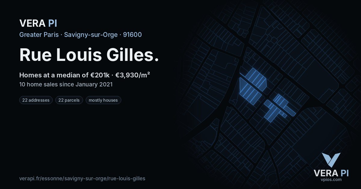 Rue Louis Gilles, Savigny-sur-Orge at night – every parcel coloured by the prices around it, the street's own parcels lit