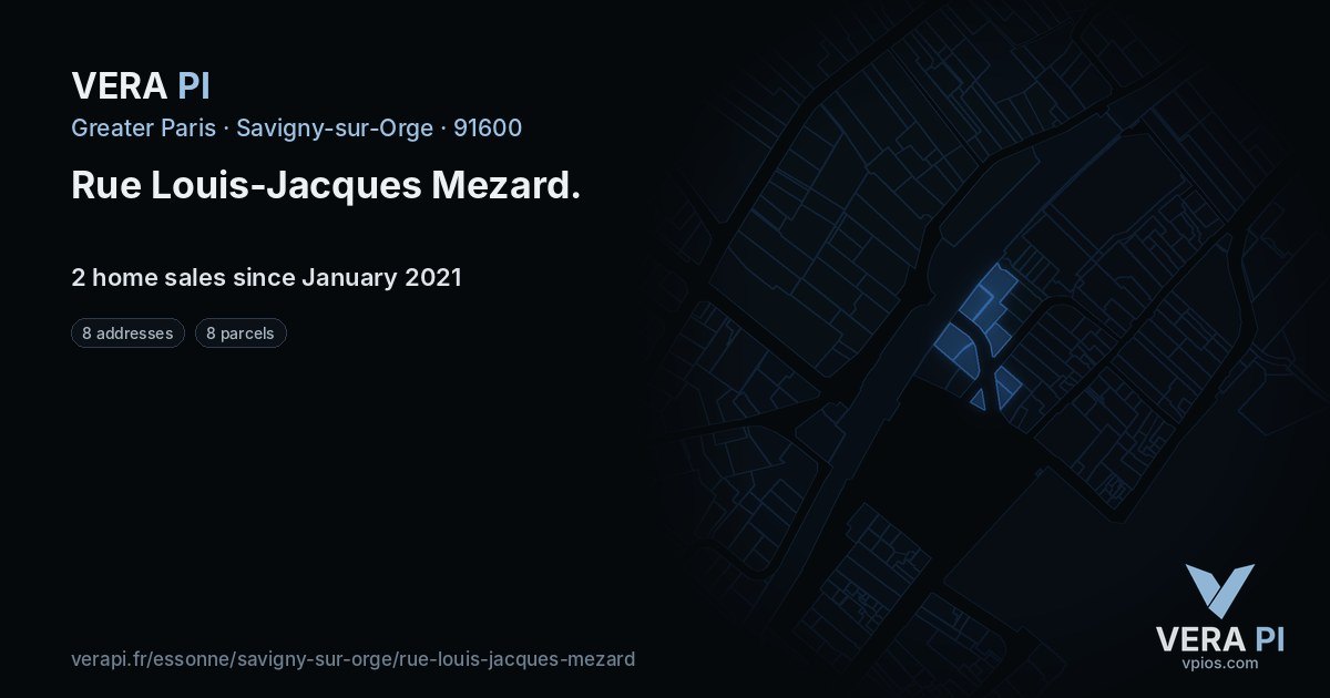 Rue Louis-Jacques Mezard, Savigny-sur-Orge at night – every parcel coloured by the prices around it, the street's own parcels lit