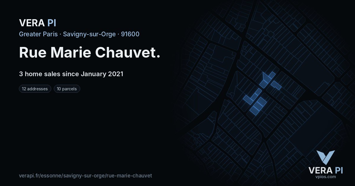 Rue Marie Chauvet, Savigny-sur-Orge at night – every parcel coloured by the prices around it, the street's own parcels lit