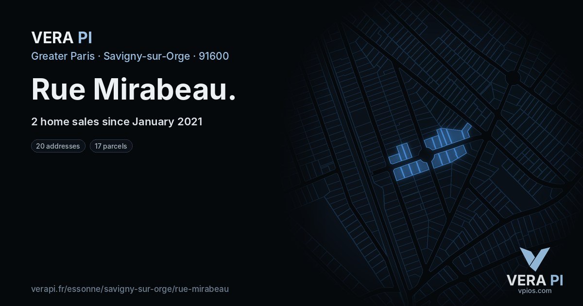 Rue Mirabeau, Savigny-sur-Orge at night – every parcel coloured by the prices around it, the street's own parcels lit