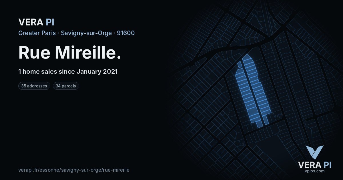 Rue Mireille, Savigny-sur-Orge at night – every parcel coloured by the prices around it, the street's own parcels lit
