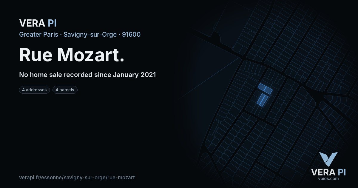 Rue Mozart, Savigny-sur-Orge at night – every parcel coloured by the prices around it, the street's own parcels lit