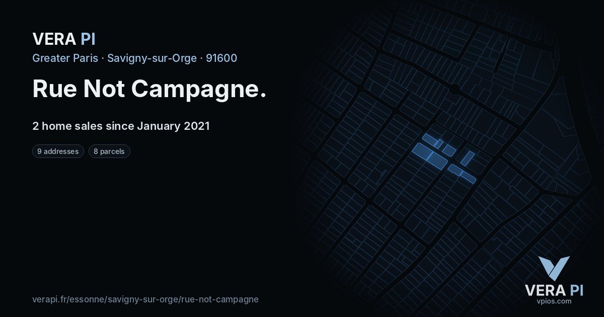 Rue Not Campagne, Savigny-sur-Orge at night – every parcel coloured by the prices around it, the street's own parcels lit