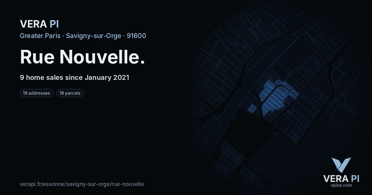 Rue Nouvelle, Savigny-sur-Orge at night – every parcel coloured by the prices around it, the street's own parcels lit
