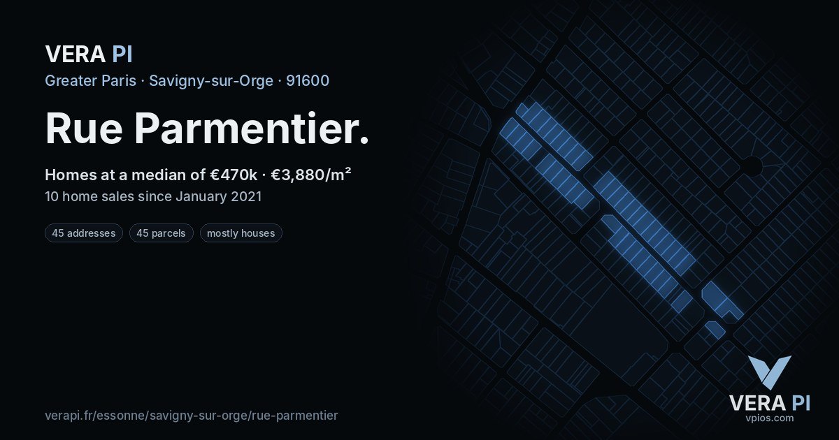 Rue Parmentier, Savigny-sur-Orge at night – every parcel coloured by the prices around it, the street's own parcels lit
