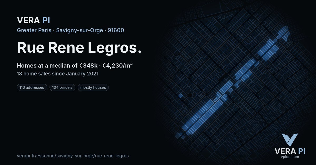 Rue Rene Legros, Savigny-sur-Orge at night – every parcel coloured by the prices around it, the street's own parcels lit