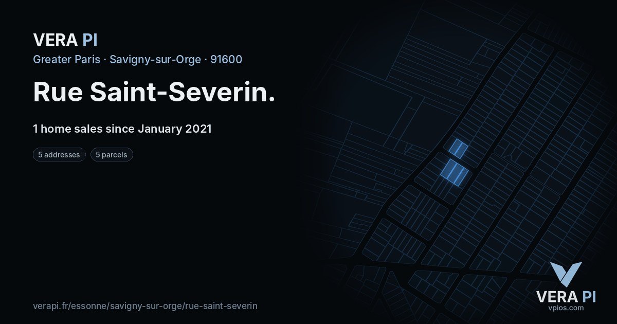 Rue Saint-Severin, Savigny-sur-Orge at night – every parcel coloured by the prices around it, the street's own parcels lit